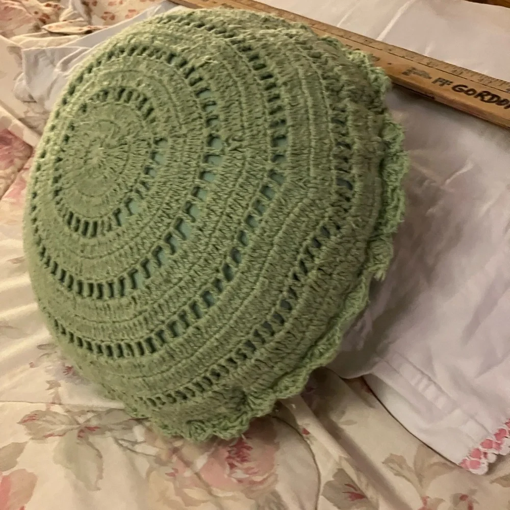Crocheted round accent pillow vintage inspired vibe Great grandma cottage core